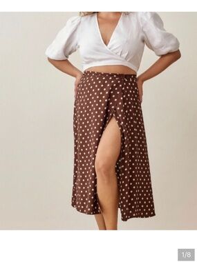 NWT Reformation Betty Brown & White Polka Dot Midi Skirt Size 10
